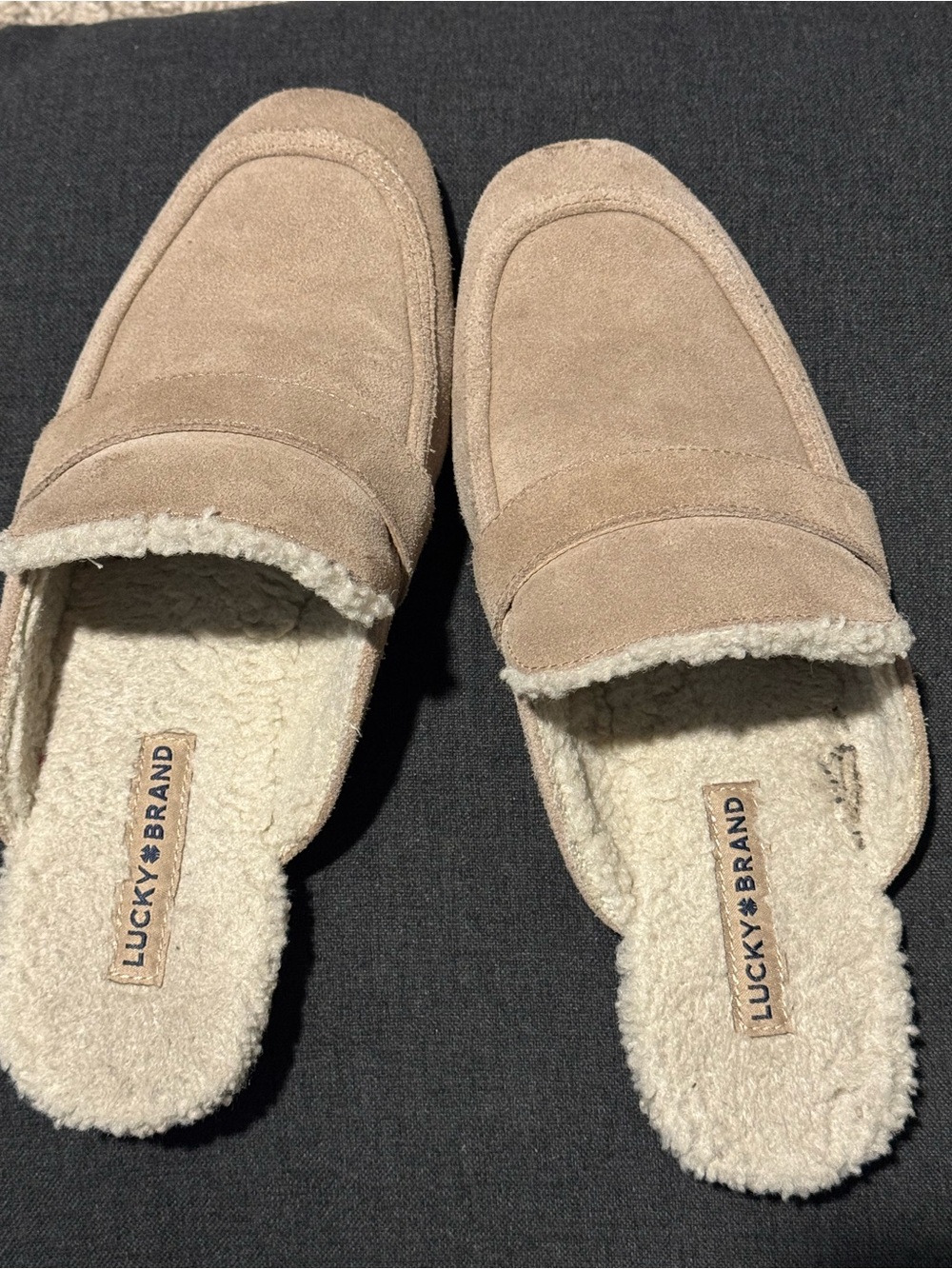 Lucky Brand taupe/Tan Suede Sherpa -Lined Slip-On Loafers Mules
